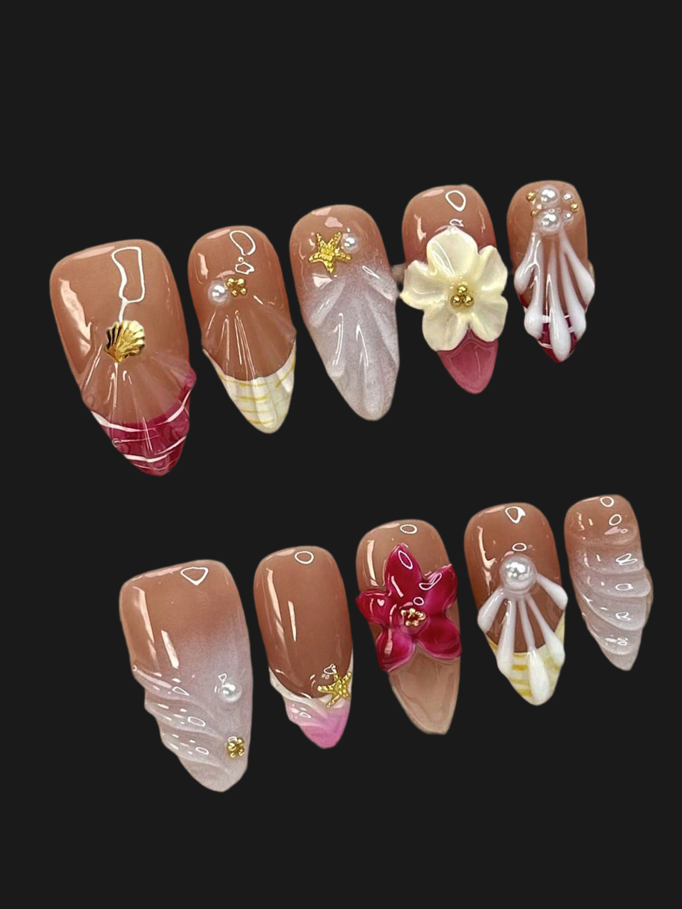 Coastal crush Nails Set 🐚🌺🌊✨🩷⭐️🍦🌸