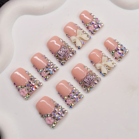 10Pcs Catitude & Crystals Handmade Press-On Nail Set