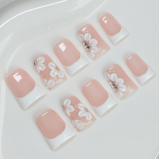 10pcs French Blossom Handmade Press On Nails Set